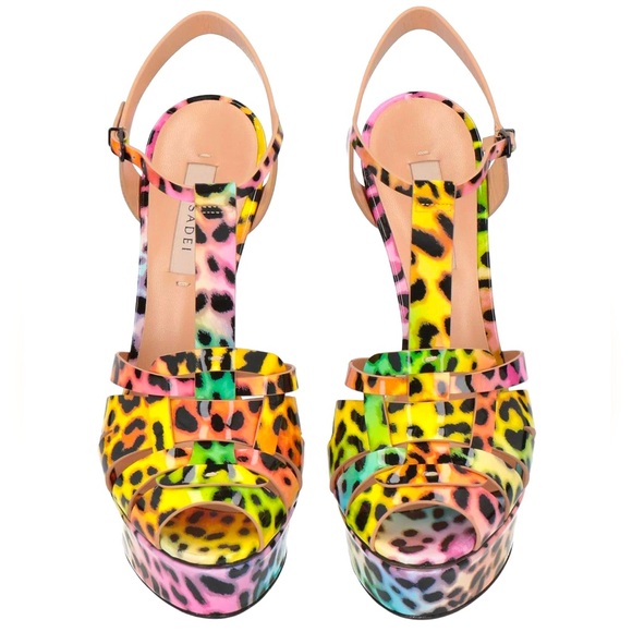 NEW CASADEI FLORA Leopard Colorful Patent Leather Platform Sandal Heels EU 38.5 - Picture 2 of 13